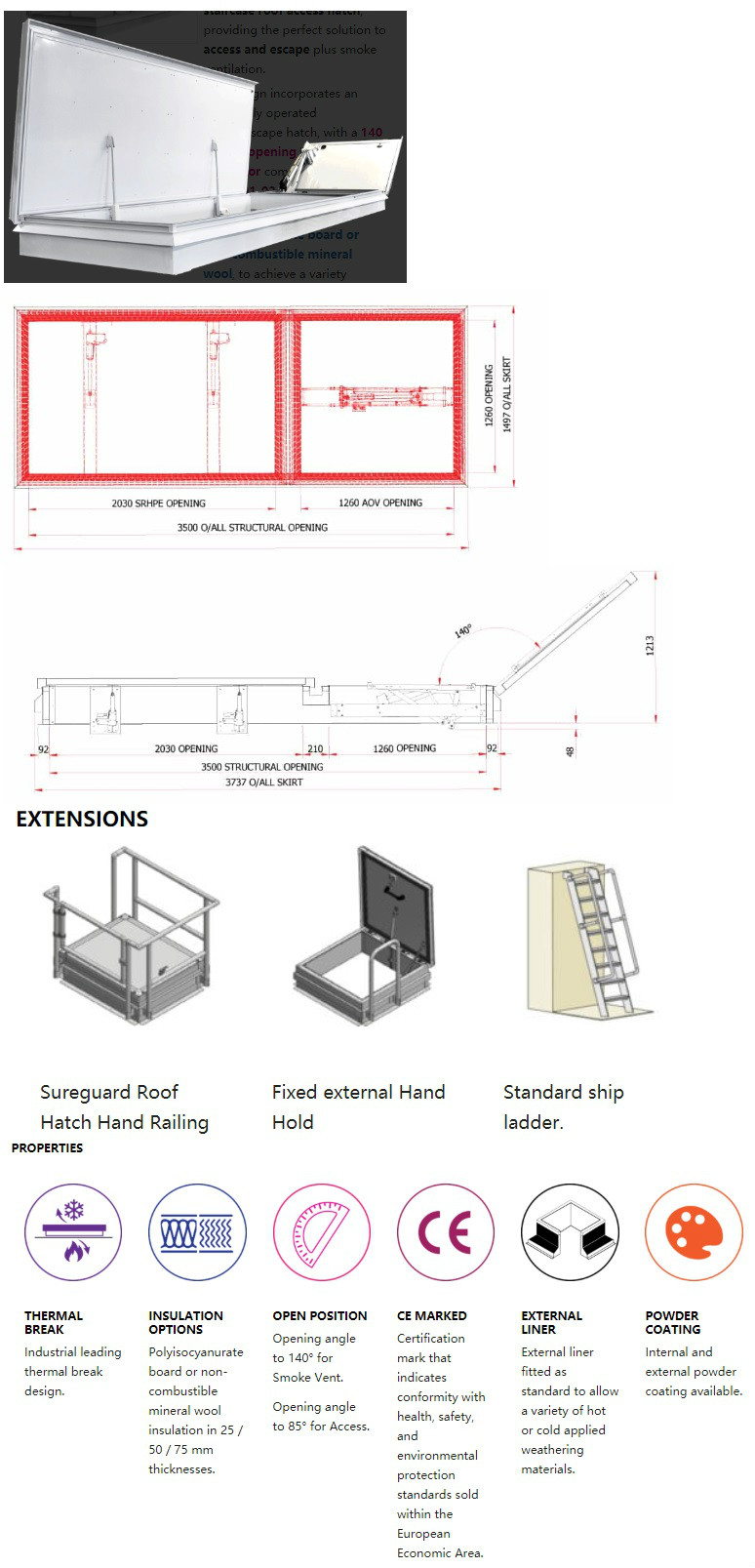 Custom design EN124 Exi-Vent building flat access roof hatch hydrolick
